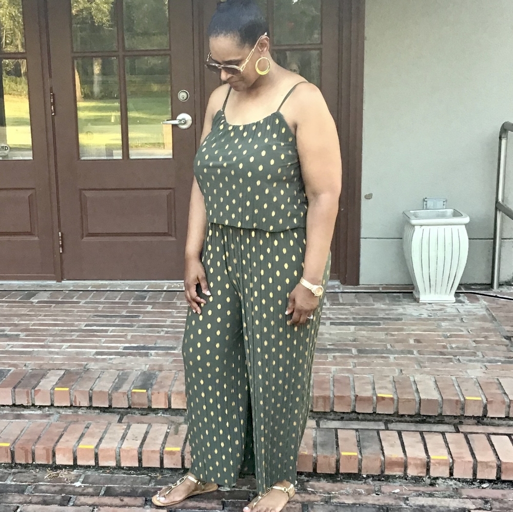Womens Gold Foil Polka Dots Spaghetti Straps One-Piece Wide Leg Pants Jumpsuit